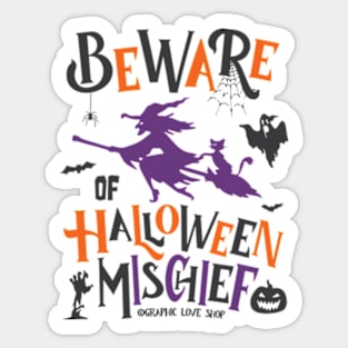 Beware of Halloween Mischief, Purple, Orange Black © GraphicLoveShop Sticker